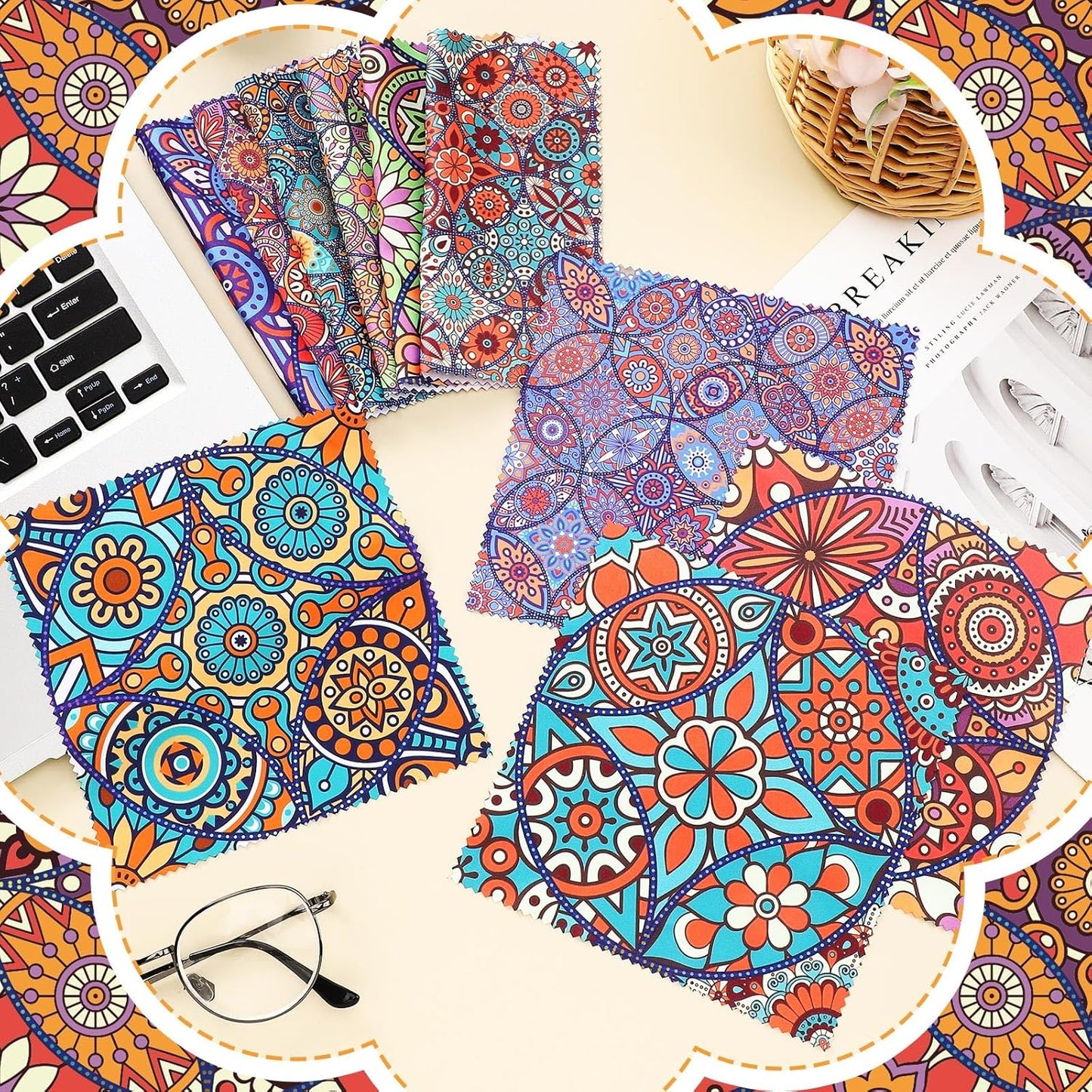 Sinmoe 20 Pcs Microfiber Cleaning Cloth Microfiber Cloth Gift Soft Multicolor Glasses Cleaner for Eyeglasses Camera Lens Cell Phone Screens Glasses, 6 x 6 Inches(Mandala)