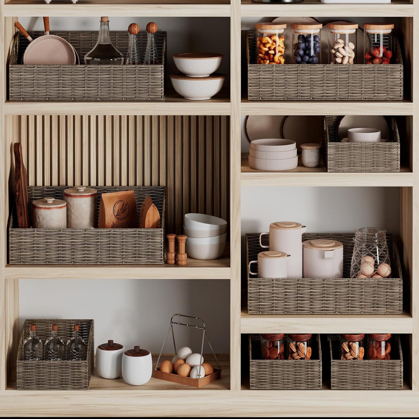 Ollieroo Rattan Storage Baskets, Handwoven Wicker Storage Bins with Built-in Handles, Storage Container Baskets for Shelves, Bedroom, Bathroom, Laundry Room or Kitchen(Brown)