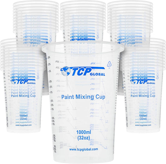 TCP Global 32 oz. (1000ml) Graduated Plastic Mixing Cups (Box of 50) - Disposable Plastic Measuring Cups for Liquids, Paints, Resin, Epoxy, Art, Kitchen - Ratios 2-1, 3-1, 4-1 ML