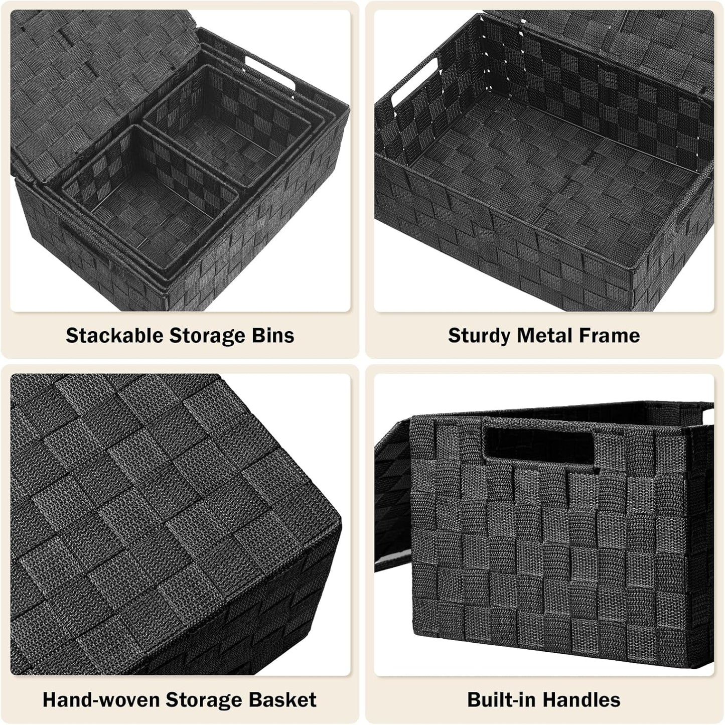 Storage Bins Baskets for Organizing with Lids, Storage Baskets for Shelves Stackable Woven Basket, Gift Small Basket Storage Cubes, Decorative Wicker Basket with Built-in Handles (5 Pack, Black)