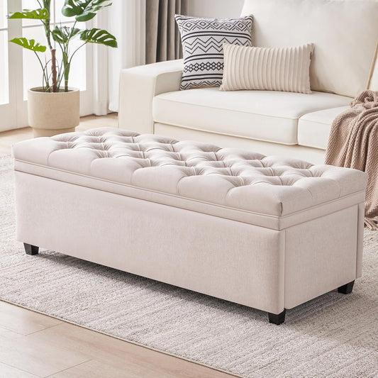 50" Storage Ottoman Bench, Tufted Ottoman with Storage for Living Room, Large End of Bed Ottomans