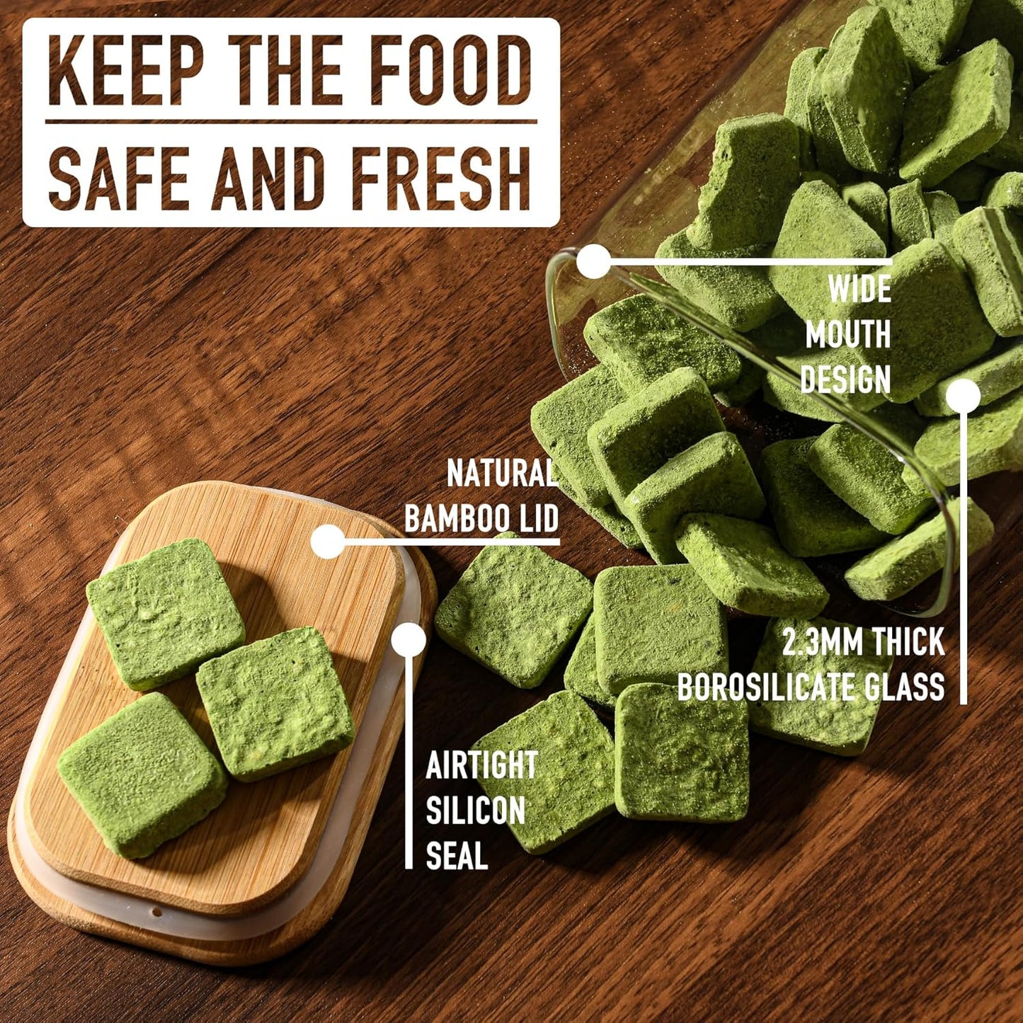 56oz Rectangle Airtight Glass Storage Containers with Bamboo Lids (Set of 4), Square Food Storage Jar, Pantry Organizers for Oats, Cereal, Pasta and Coffee beans (‎with Black Lable)