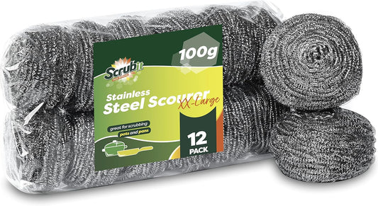 12 Pack Stainless Steel Scourers by Scrub It – Steel Wool Scrubber Pad Used for Dishes, Pots, Pans, and Ovens. Easy scouring for Tough Kitchen Cleaning. (XX Large (100 gram))