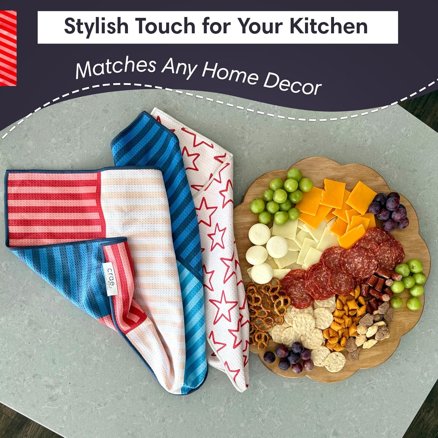 2 Double Sided Microfiber Hand Towels, 17x27 Inches Waffle Design Kitchen Towels Set, Durable & Soft Fast Drying Hand Wash Cloth, Everyday Dishcloth Use at Home (Stars & Stripes - Red, Blue, Cream)