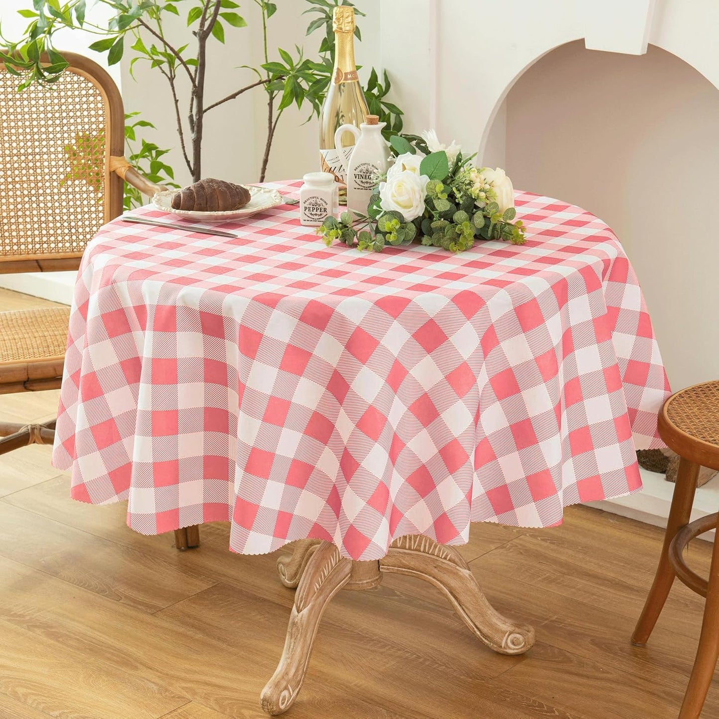 Waterproof Plaid Tablecloth Fabric - Round 58 Inch Classic Gingham Checker Table Cloth for Indoor/Outdoor Use - Buffalo Table Cover for Picnics, BBQs, and Parties