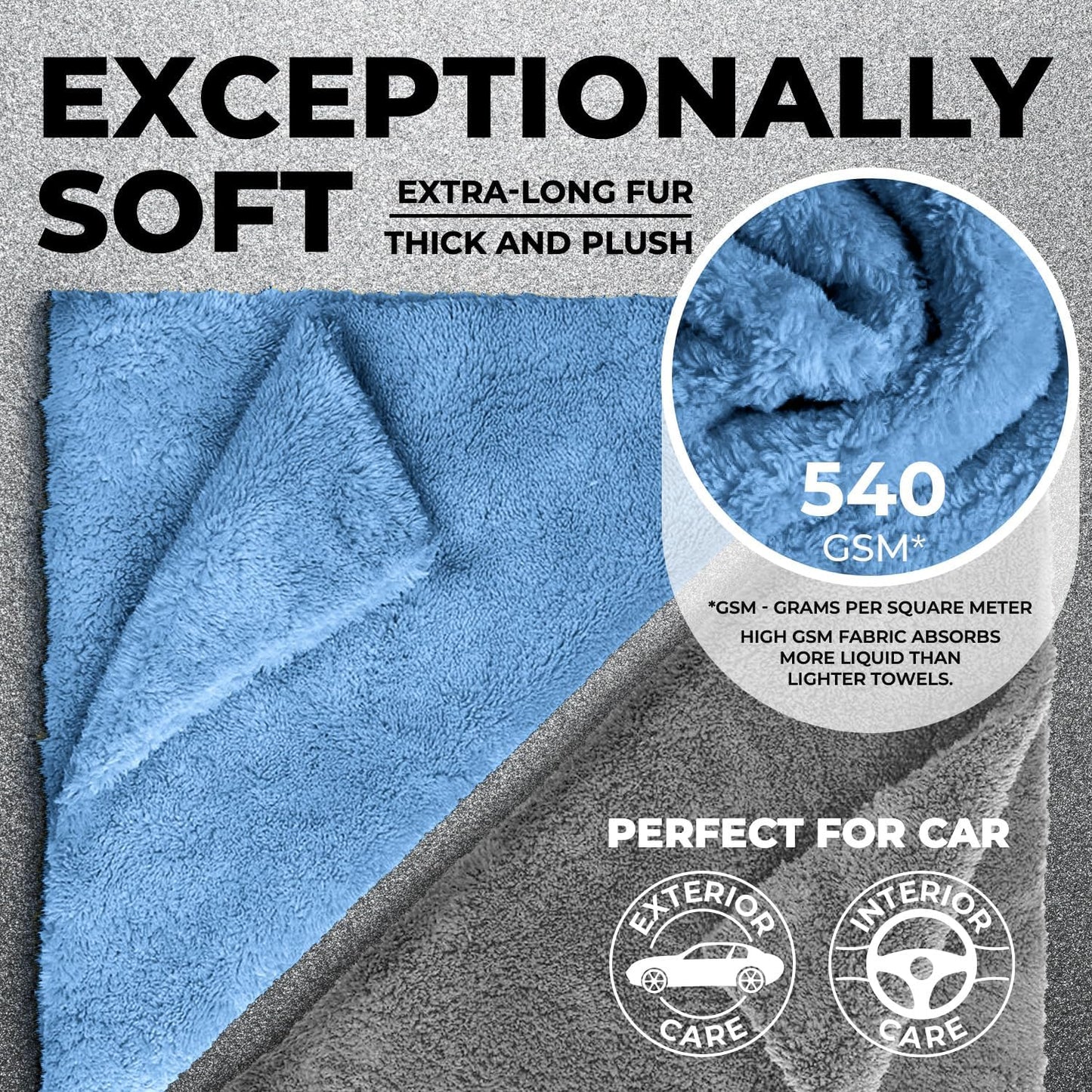 Edgeless Microfiber Towels for Cars – 6pk (12”x12”) - 540 GSM - Super Soft Detailing & Buffing – Scratch-Free & Absorbent Microfiber Cleaning Cloths for Car Polishing