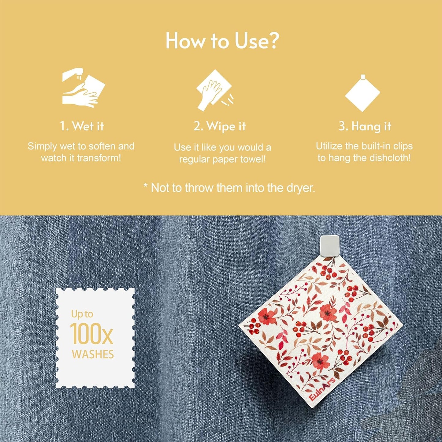 Swedish Dishcloths for Kitchen, 8 Pack Watercolor Reusable Paper Towels with Clips, Non-Scratch Swedish Kitchen Towels, Super Absorbent Cellulose Sponge Cloths, Dishwasher Safe, No Odor