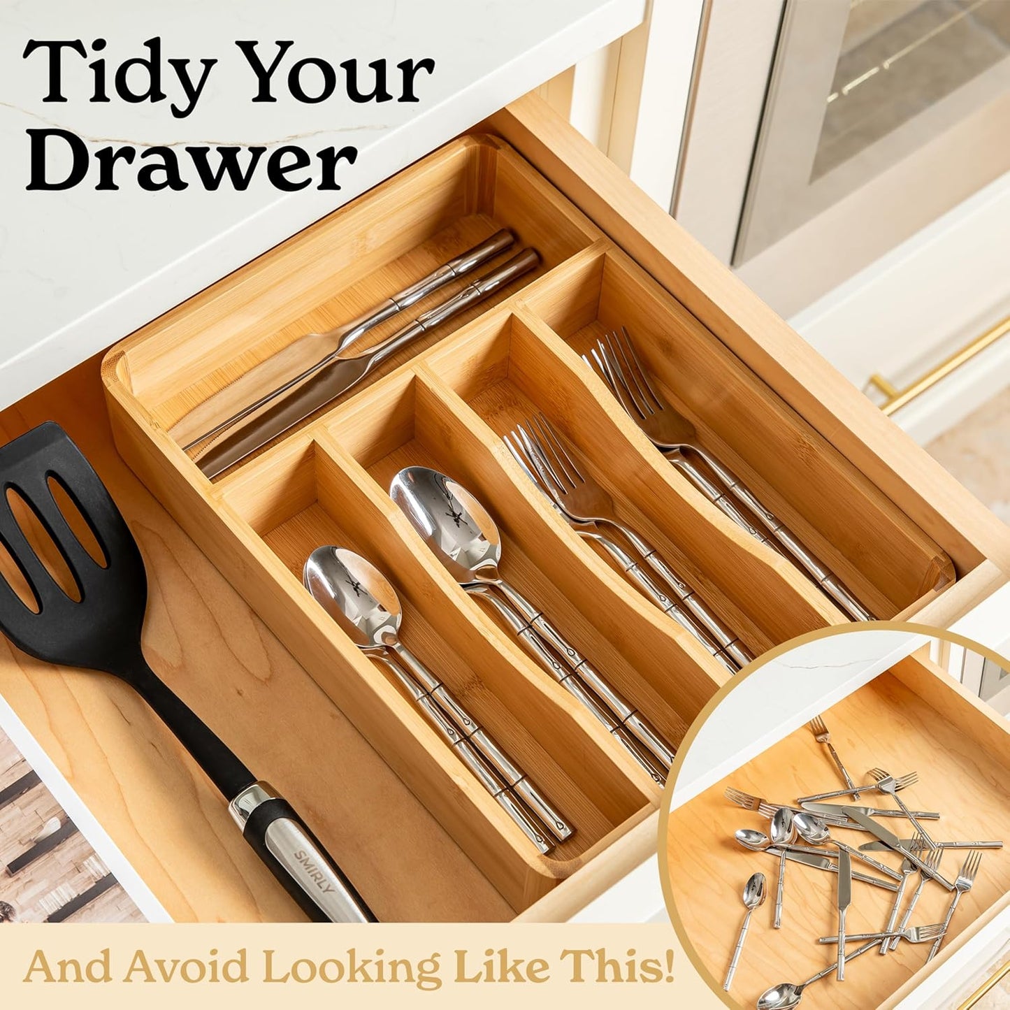 SMIRLY Silverware Drawer Organizer – Bamboo Kitchen Drawer Organizer, Adjustable Utensil Holder and Cutlery Tray, Drawer Dividers for Flatware and Kitchen Utensils