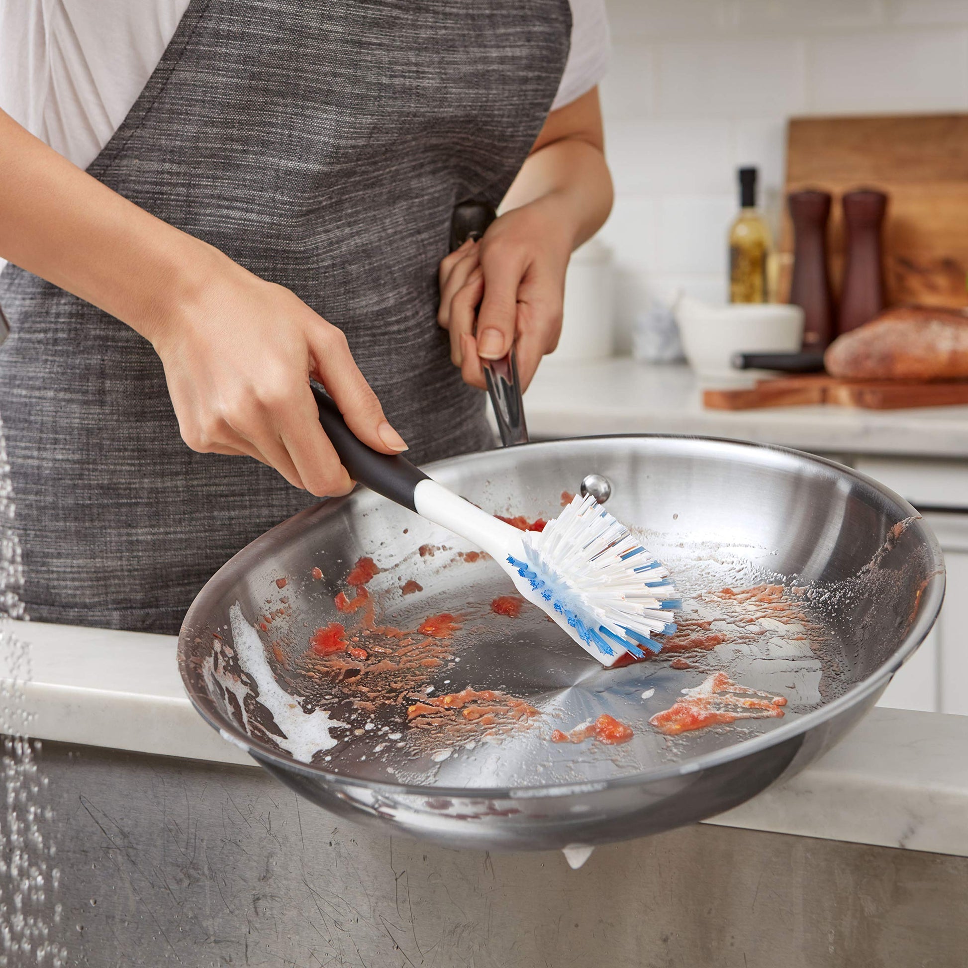 Non-Stick Safe, Built-in Scraper Lifts Stuck-On Food, Dish Cleaner, Flared Brush Head Reaches
