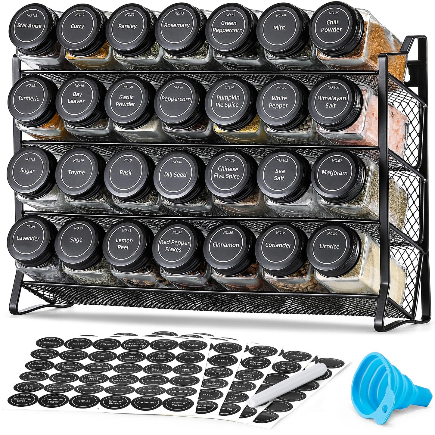 AOZITA Spice Rack Organizer for Cabinet, Spice Organizer with 28 Empty Spice Jars with Black Lids