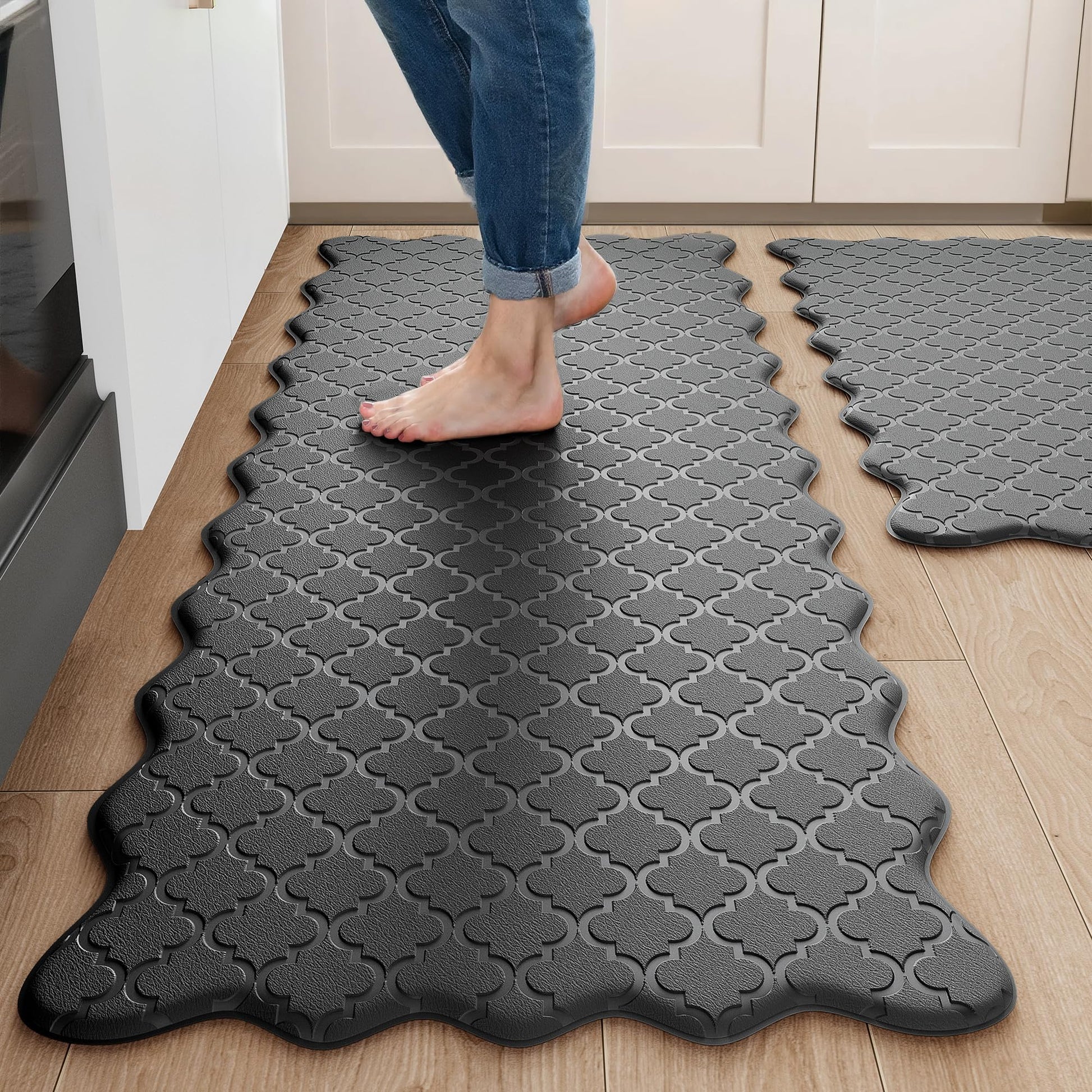 Arenarug Upgrade Scalloped Kitchen Mats for Floor 2PC, Black Kitchen Rugs