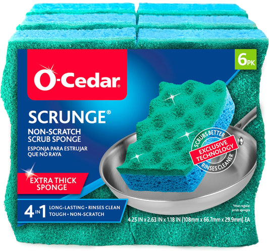 O-Cedar Scrunge Multi-Use Scrub Sponge (Pack of 6) | Non-Scratch, Odor-Resistant, All-Purpose
