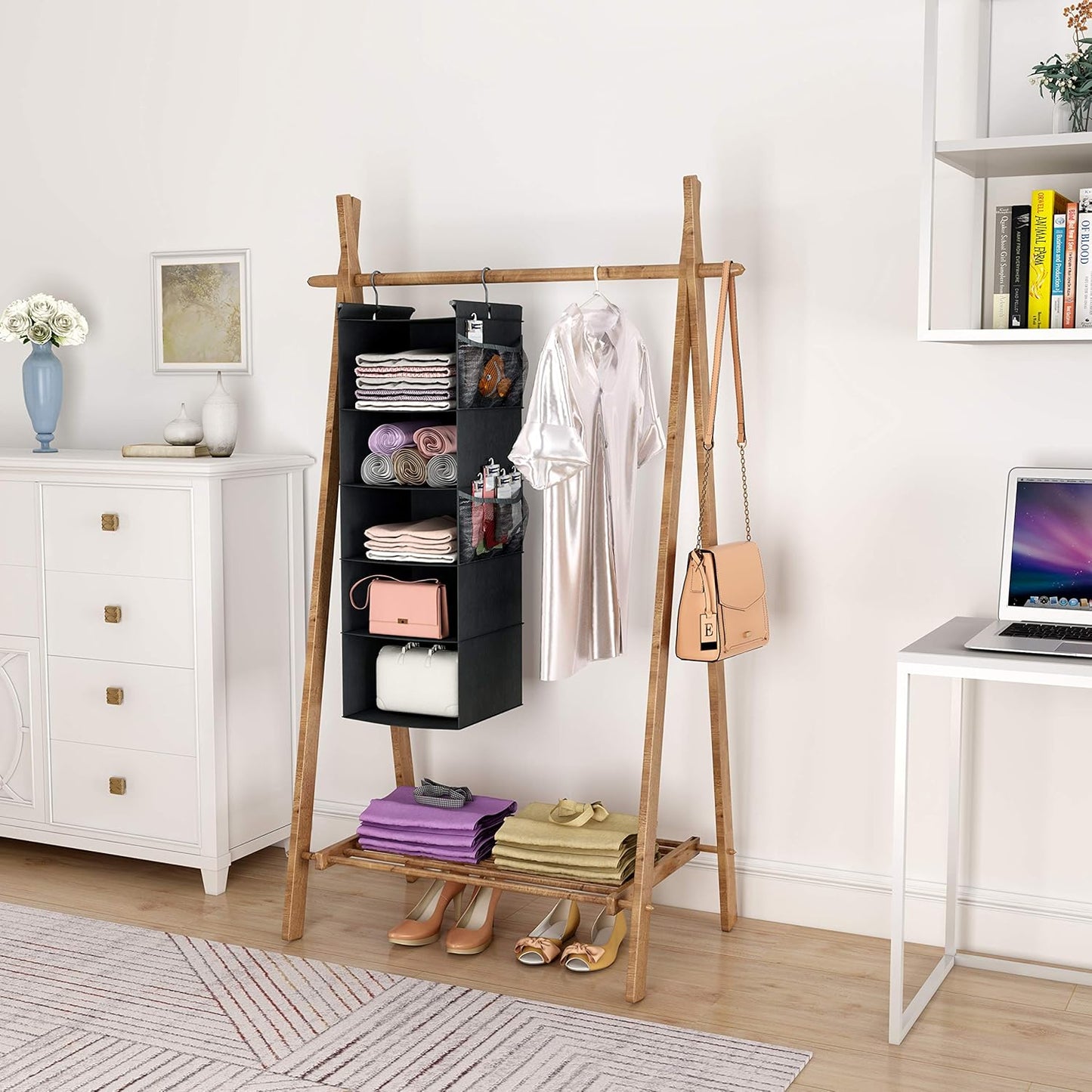 MAX Houser 5-Shelf Hanging Closet Organizer,Space Saver, Cloth Hanging Shelves with 4 Side Pockets,Foldable, Black