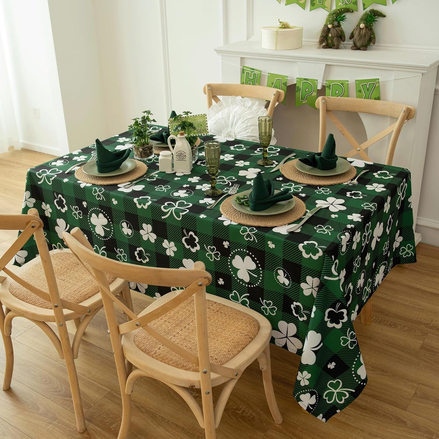 Green Gingham Shamrock Plaid Tablecloth - St. Patrick's Day Rectangular 58x102 Inch Water Resistant Table Cloth for Indoor/Outdoor Use - Holiday Table Cover for Kitchen and Parties