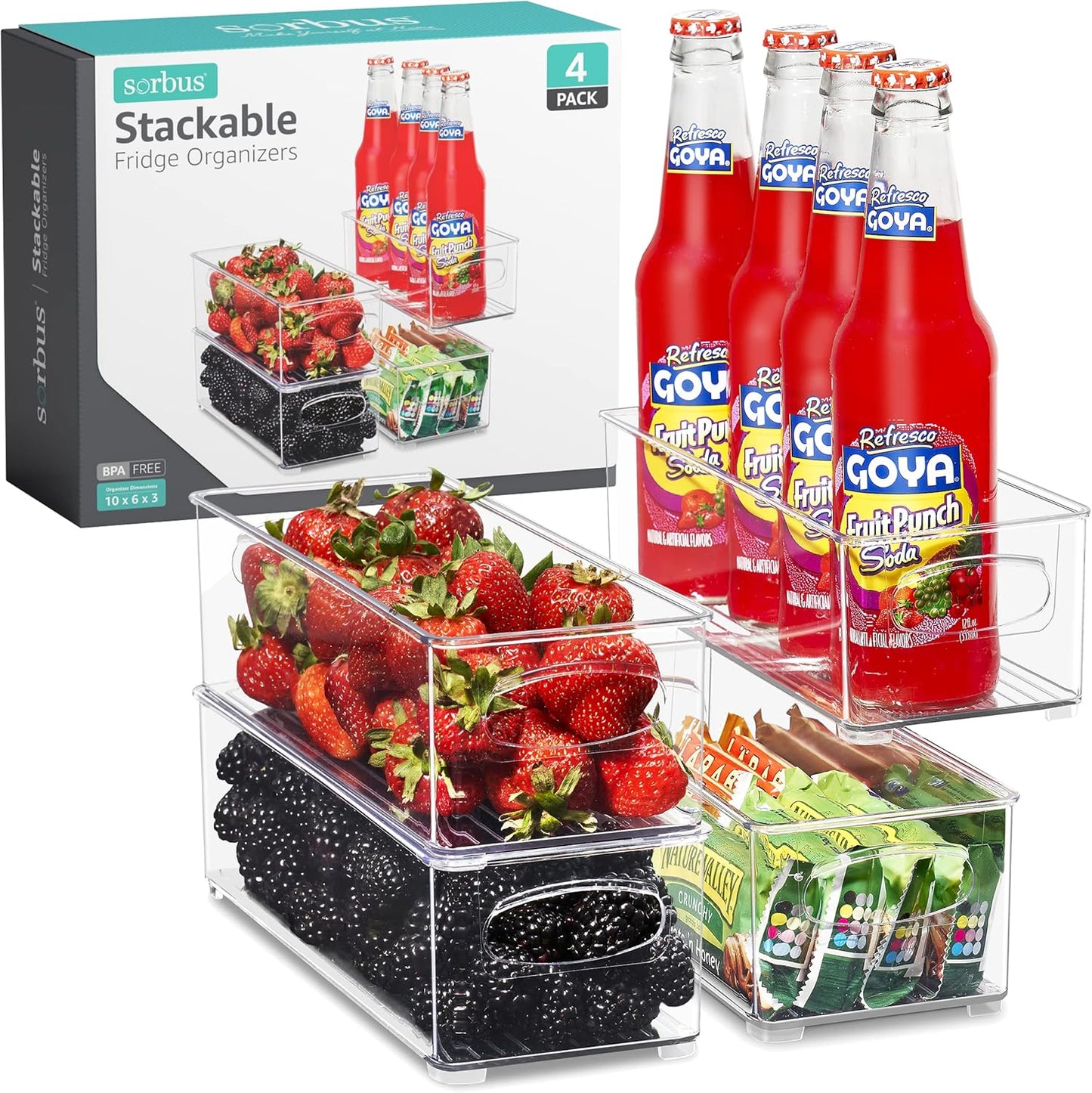 Sorbus Stackable Refrigerator Organizer Bins - Clear Storage Bins for Kitchen Pantry, Freezer & Fridge Organization - Food Organizing Plastic Containers with Handles for Countertops & Drawers (4 Pack)