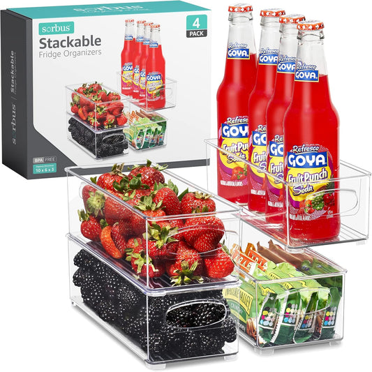 Sorbus Stackable Refrigerator Organizer Bins - Clear Storage Bins for Kitchen Pantry, Freezer & Fridge Organization - Food Organizing Plastic Containers with Handles for Countertops & Drawers (4 Pack)