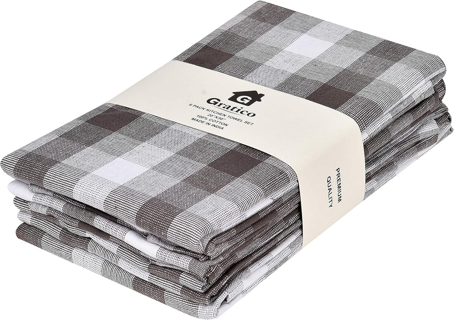 Kitchen Towels Set of 6 Soft Premium Cotton Highly Absorbent Dish Towels 20X30 Inches, Washable & Reusable Tea Towel, Quick Drying Dish Cloths for Cleaning Dishes - Gray/White, Checks