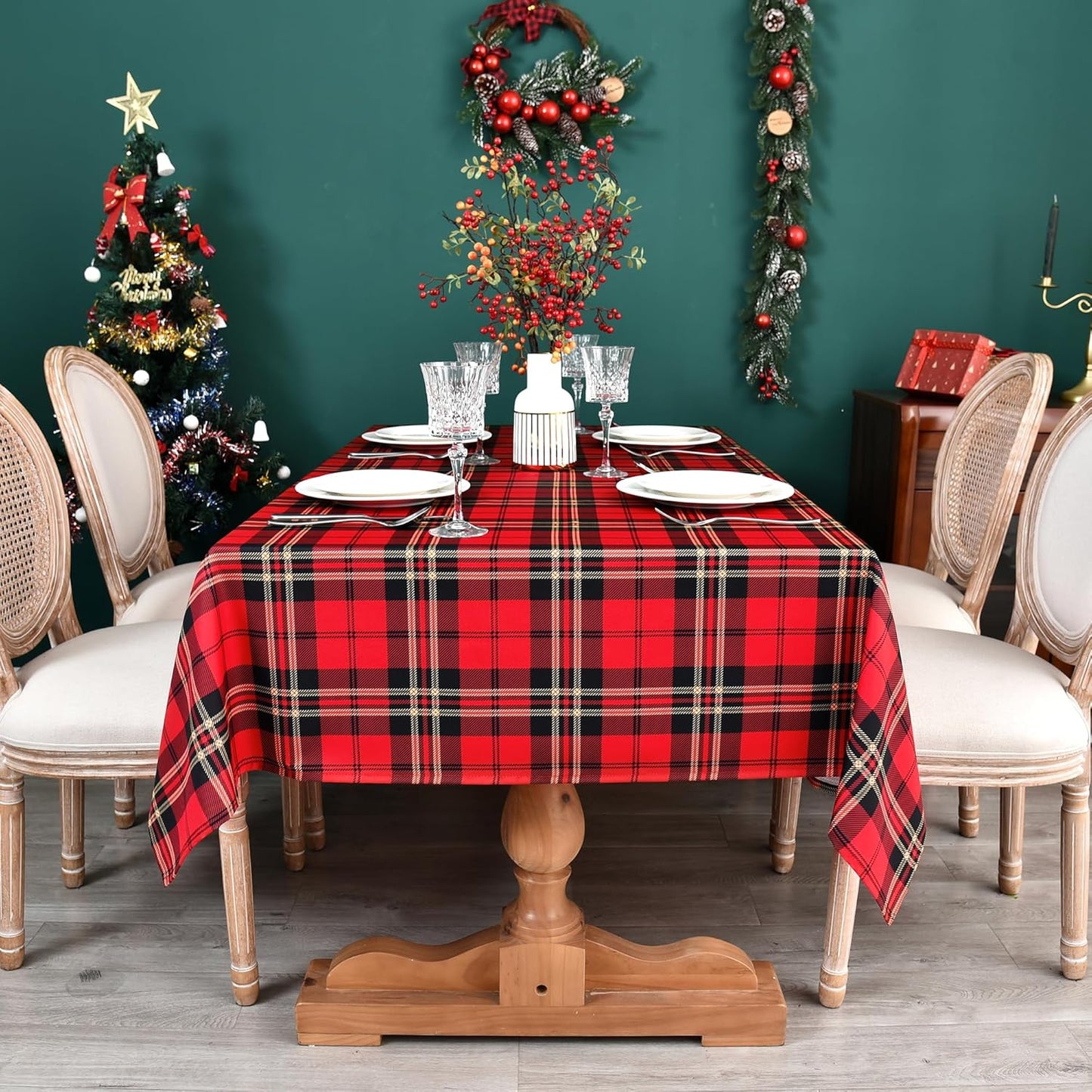 Classic Gingham Buffalo Xmas Tablecloth Fabric - Oblong 58x144 Inch Water Proof Checkered Table Cloth for Indoor Outdoor - Red Christmas Plaid Table Cover for Christmas, Holiday, New Year