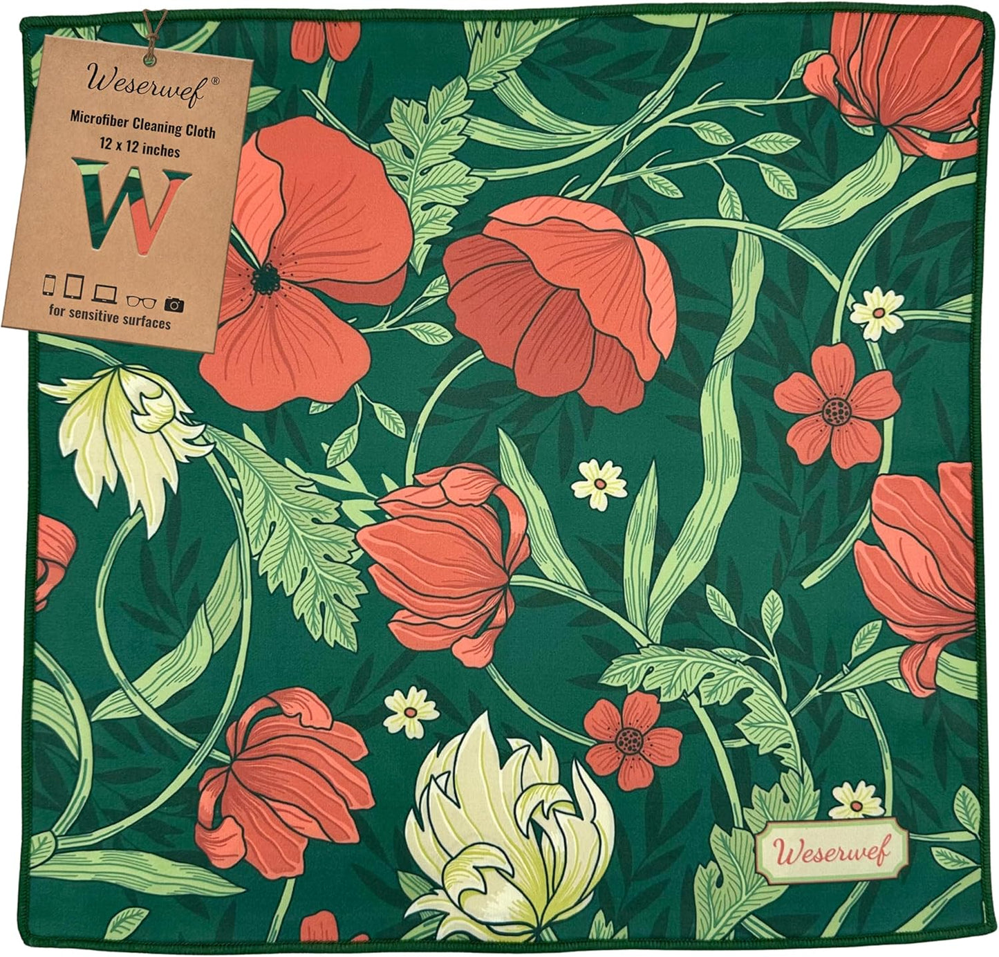 WESERWEF Design Microfiber Glasses Cleaning Cloth – Premium Cleaning Cloth for Eyeglasses, Screens, Tablets, Cameras & Lenses, 12" x 12", Ultra-Soft & Scratch-Free (Garden)