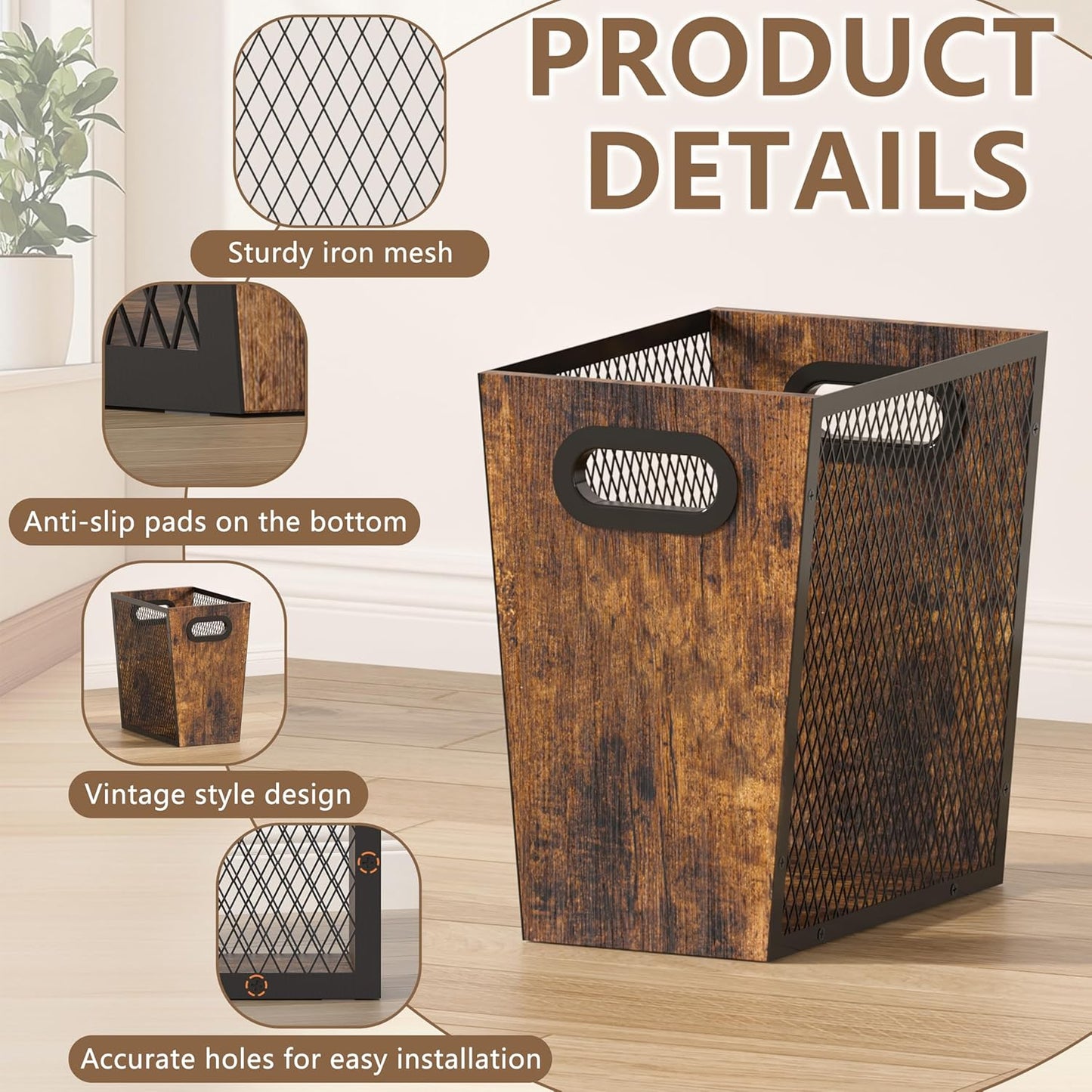 Piskyet Rustic Office Trash Can for Near Desk, 4.5 Gallon Unique Wood Bedroom Garbage Can,Vintage Wastebasket with Handle, Decorative Trash Can for Home Office,2pack 10.8" L x 7.8" W x 11.8" H