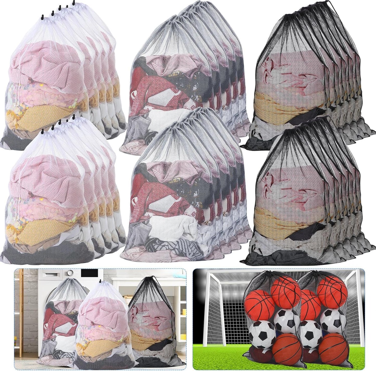 Berlune 30 Pack 24 x 36 Inches Large Mesh Bags for Laundry, Wash bags, Sturdy Mesh Material Closed with Drawstring, Factory, University, Dormitory, Travel and Apartment Dweller (White, Black, Gray)