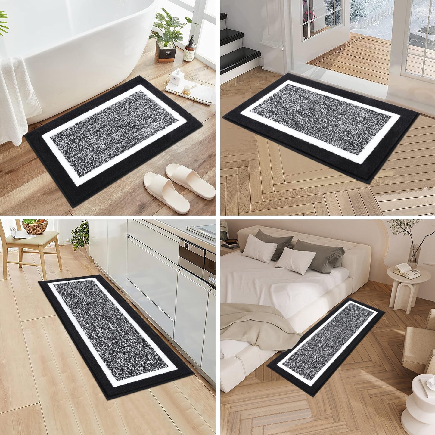 Pauwer Bathroom Rugs 3 Piece Set, Non Slip Washable Bath Mat, Black