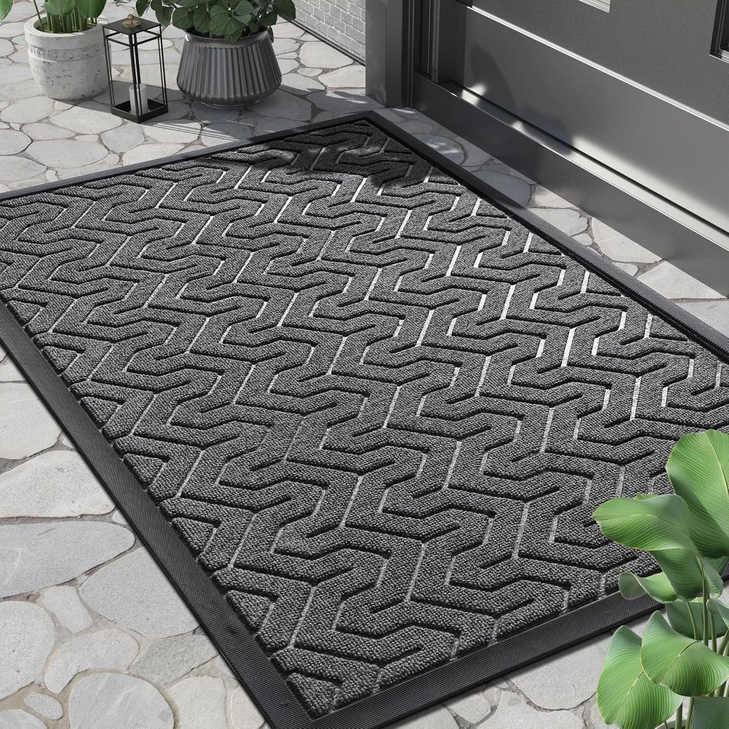 Yimobra Large Door Mat Outside Entrance 36x24, Waterproof Heavy Duty Outdoor Mats for Front Door, Non Slip Rubber Entry Mat for Garage Patio, Easy Clean, Black Grey