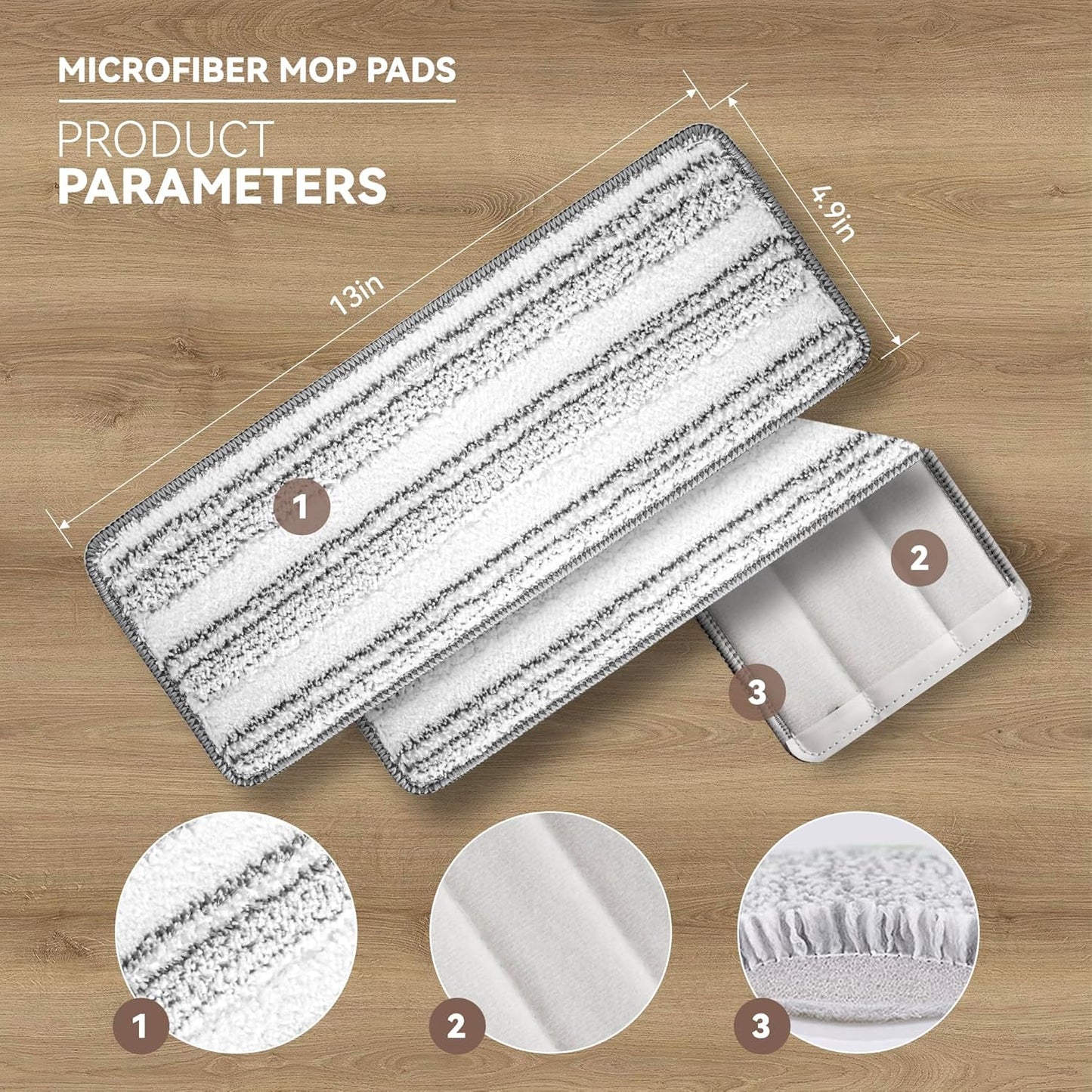 Microfiber Flat Mop Pads, 13-Inch Washable and Reusable Refills, 6-Pack Replacement for Wet and Dry Floor Cleaning, Compatible with 11-13" Hook and Loop (Velcro) Flat Mops