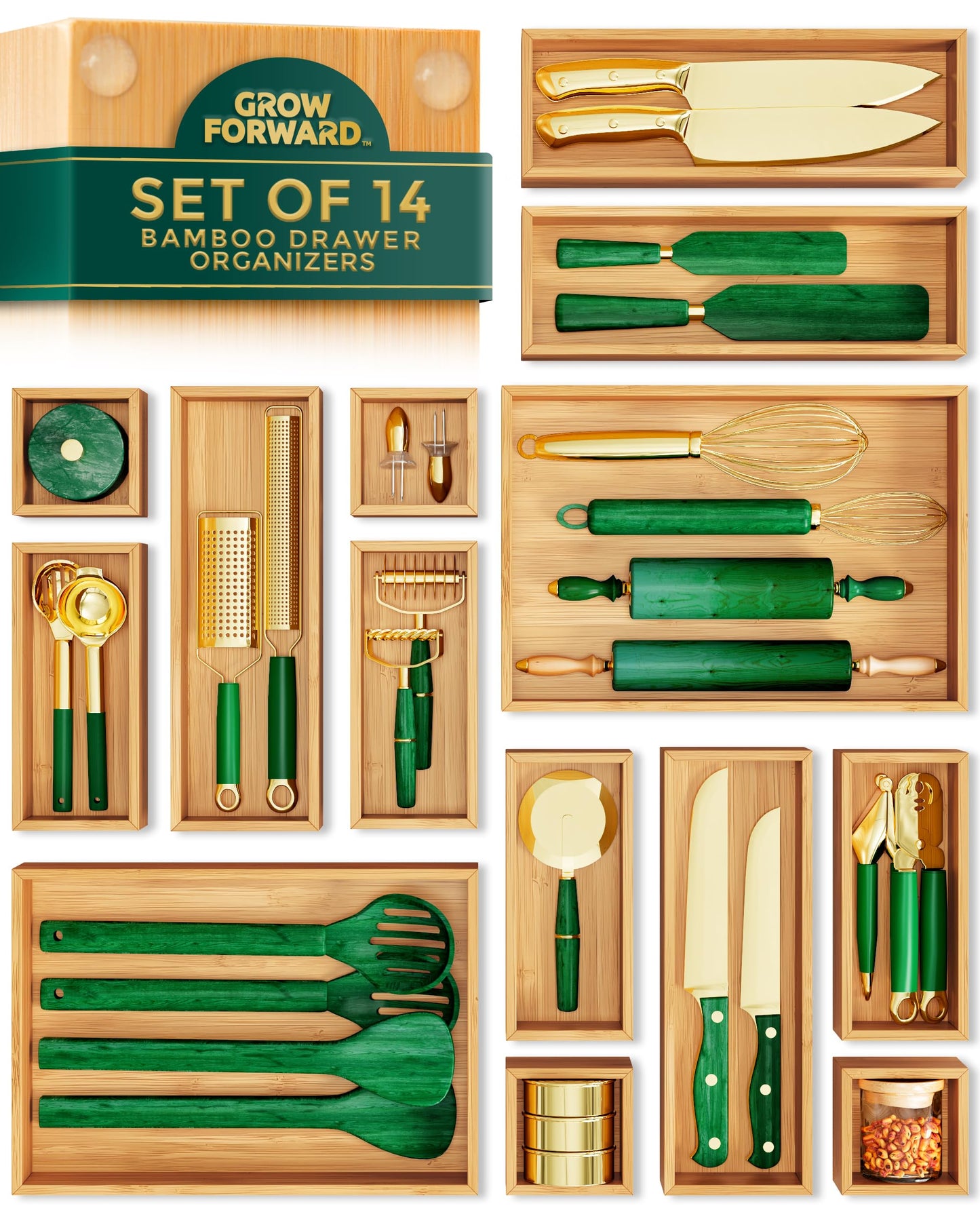 Grow Forward Bamboo Drawer Organizer Boxes - Set of 14 Wooden Drawer Organizers for Kitchen