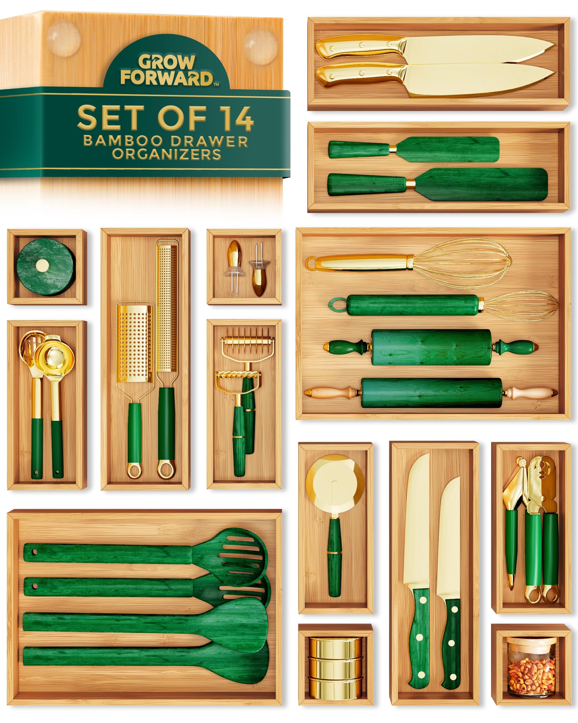 Grow Forward Bamboo Drawer Organizer Boxes - Set of 14 Wooden Drawer Organizers for Kitchen