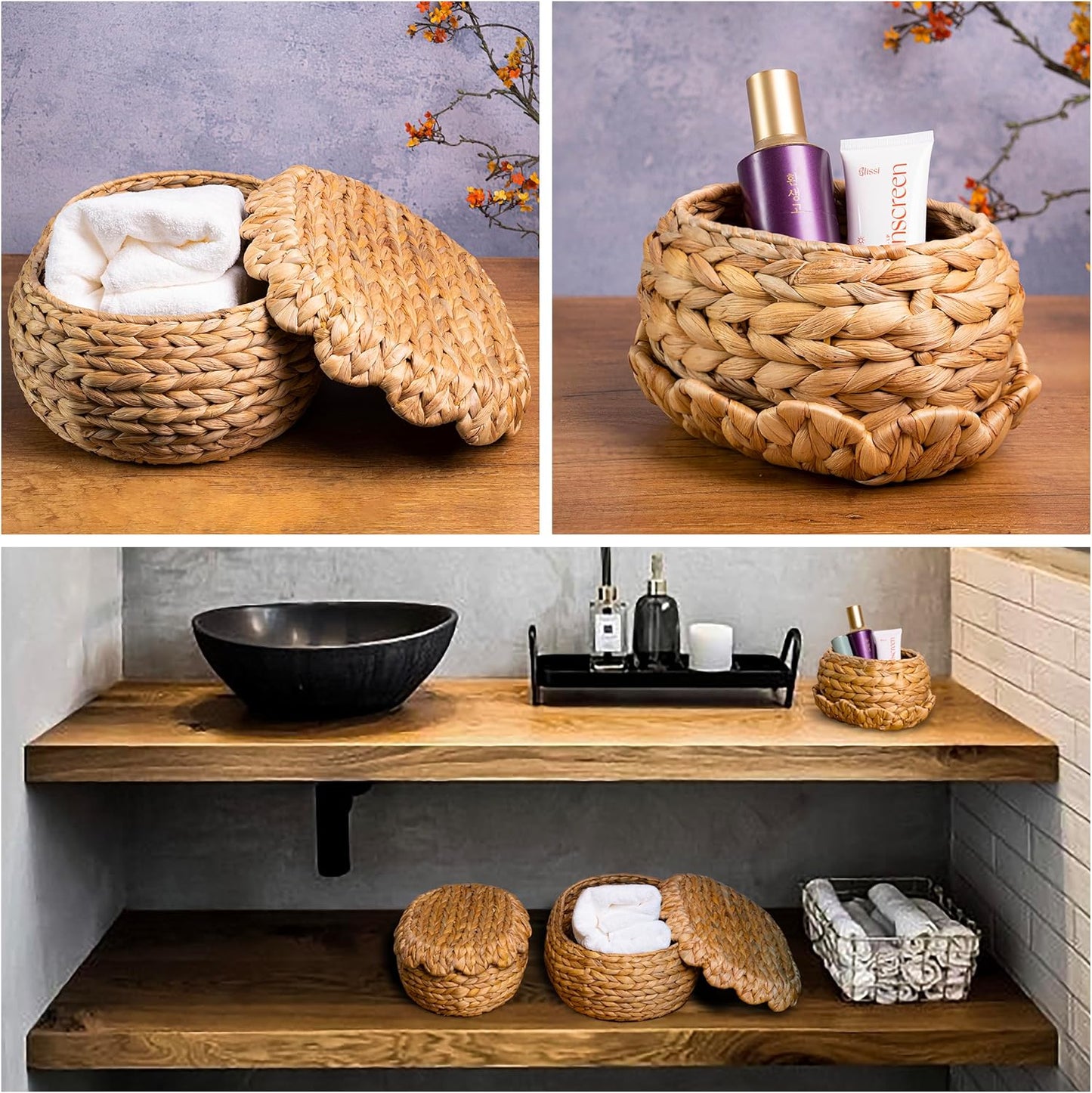 Set of 3 Wicker Storage Baskets with Lid - Decorative Handwoven Rattan Baskets for Organizing, Small Hyacinth Storage Boxes with Scalloped Edges, Natural Woven Storage Bins with Lids (Water Hyacinth)
