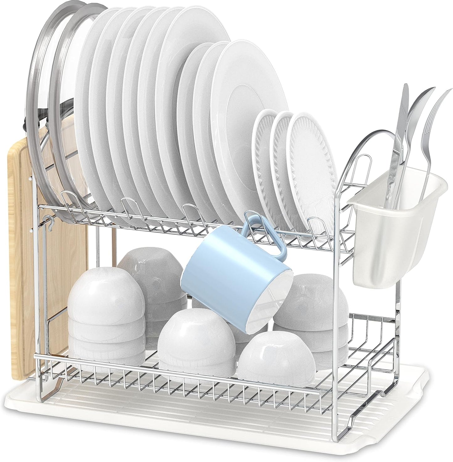 Simple Houseware 2-Tier Stainless Steel Dish Rack with Drainboard, Chrome for Kitchen