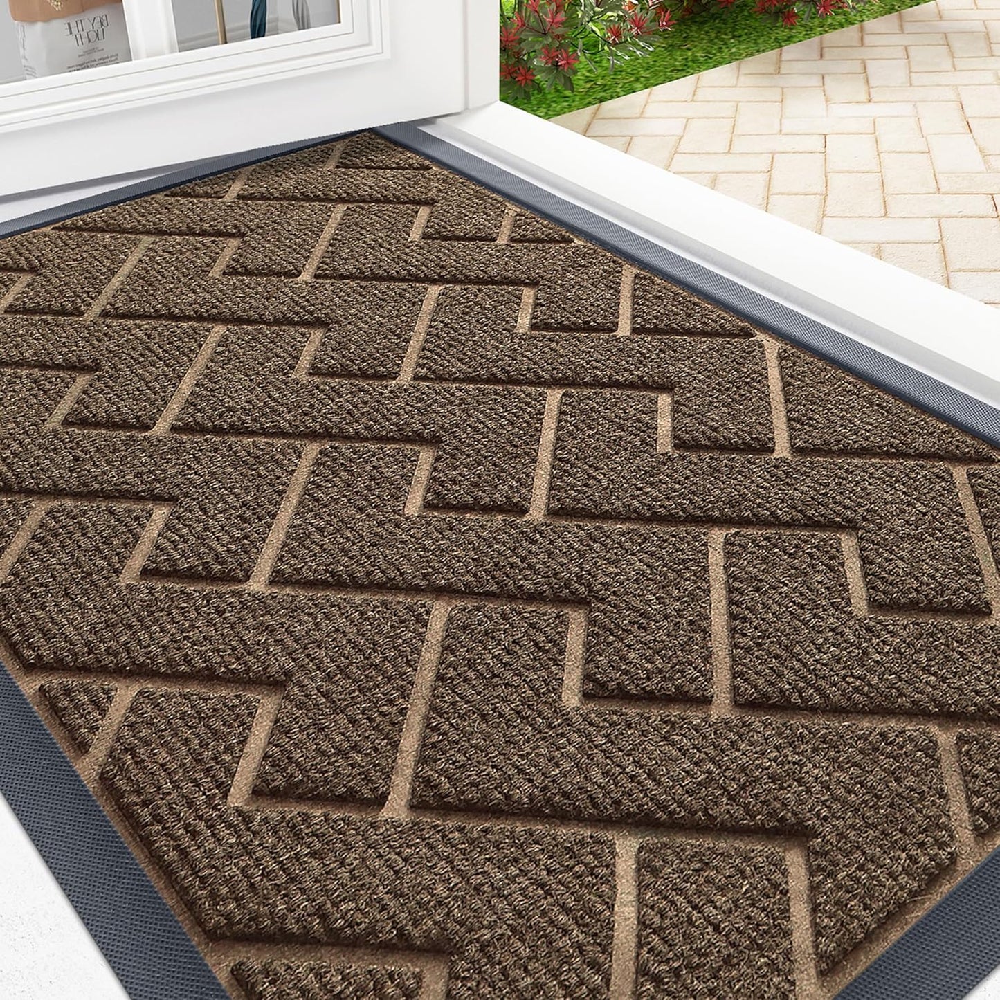 OLANLY Front Door Mat Indoor Outdoor Entrance, Waterproof All-Season, All-Weather Doormat, Sturdy Natural Rubber, Low Profile, Easy Clean Patio Porch Entryway Mat, Herringbone Brick (Brown, 59x23)
