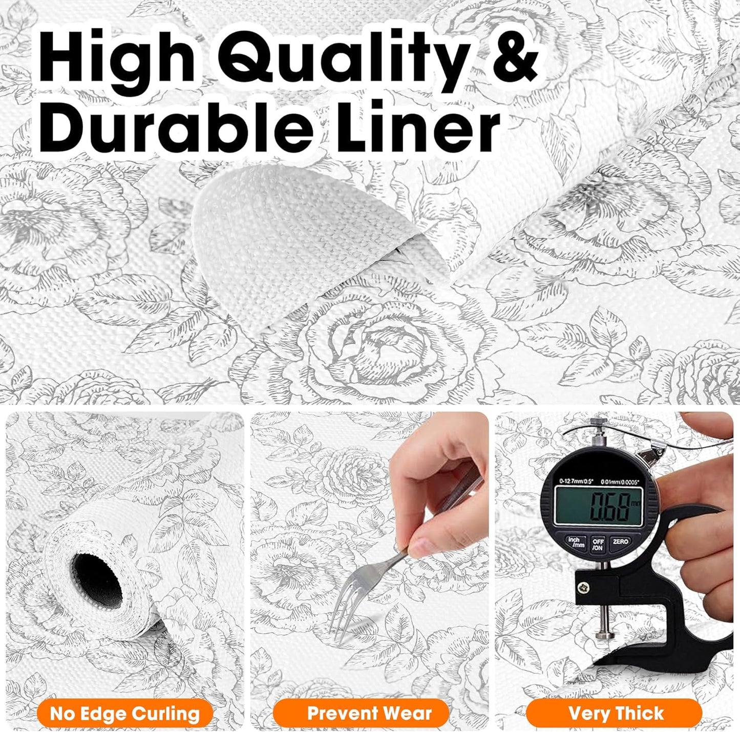 Drawer and Shelf Liner for Kitchen Cabinets Non-Adhesive, Non-Slip Cabinet Liner Shelf Paper Strong Grip Waterproof Easy to Clean for Kitchen Shelves Cupboard, Flower,17.5IN X 30FT