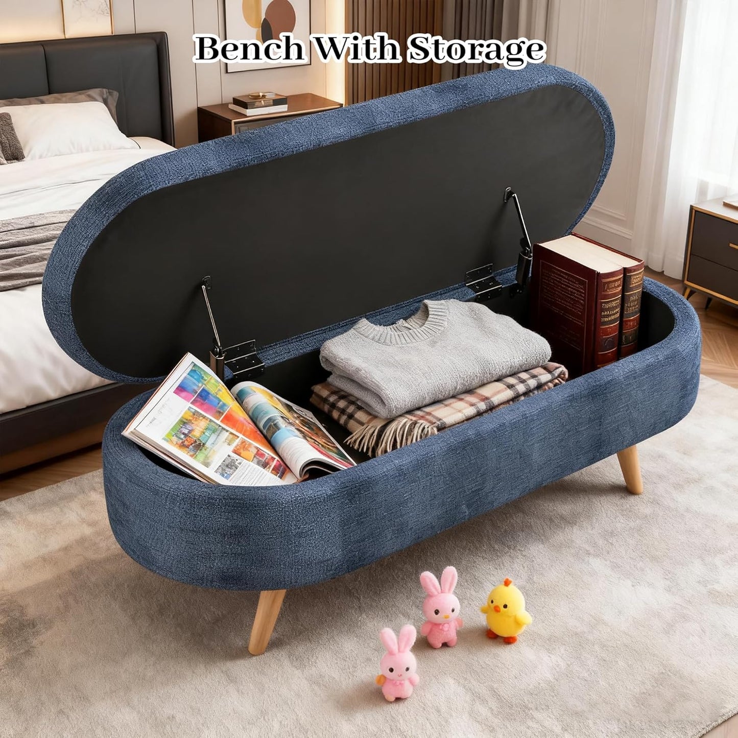 Storage Bench, 43" Storage Ottoman Bench, Shoe Storages Benches for Bedroom, Upholstered Entryway Benches with Seating, Rubber Wood Legs for Bedroom, Living Room, Entryway, Bed Side, Dark Blue