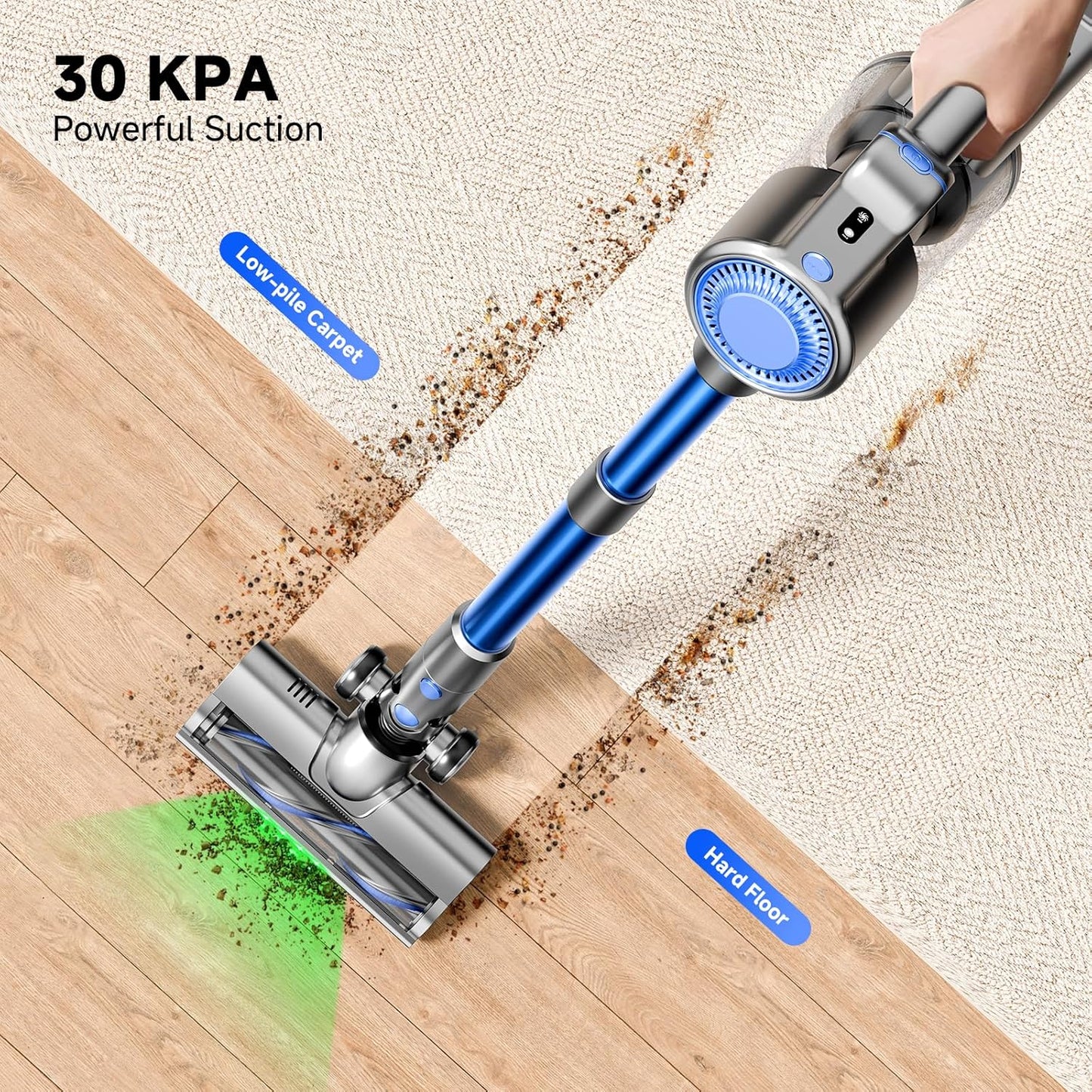 Cordless Vacuum Cleaner - 30KPa Suction Power, 45 Min Runtime, Lightweight Stick Vacuum with Removable Battery, LED Anti-Tangle Brush, Dual HEPA Filtration for Carpet, Hardwood Floors & Pet Hair