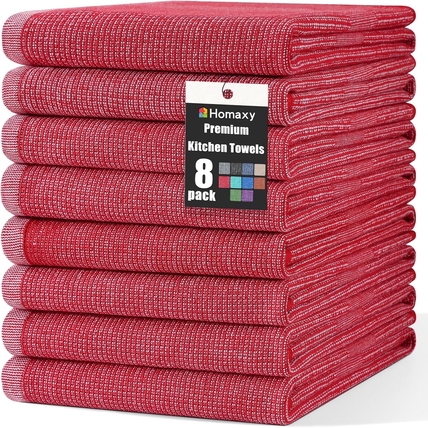 Homaxy Premium Kitchen Towels(18”x 28”, 8 Pack), Large Cotton Kitchen Hand Towels, Flat and Terry Dish Towels, 380 GSM Highly Absorbent Tea Towel Set with Hanging Loop, Red