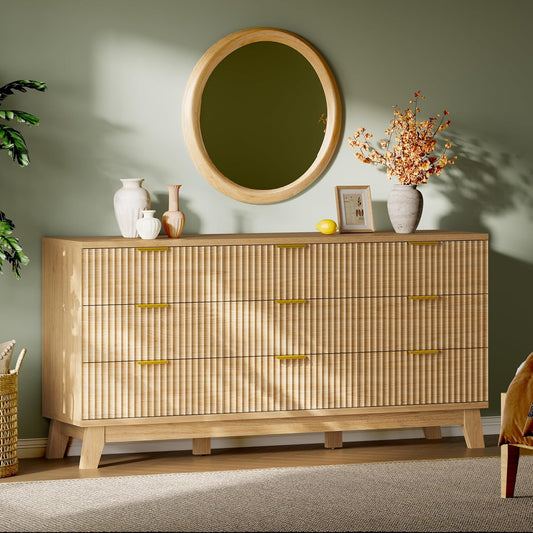 Fluted Dresser with 9 Drawers, 63" Wide Modern Chest of Drawers with Metal Handle, Wooden Dresser TV Stand, Wood Closet Clothes Storage Organizer for Bedroom, Living Room, Hallway, Natural Oak