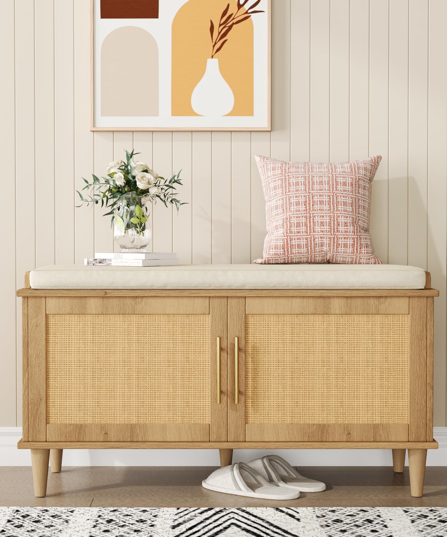 Akxomel 39.4" Rattan Shoe Storage Bench 2 Doors Wooden Entryway Bench Oak