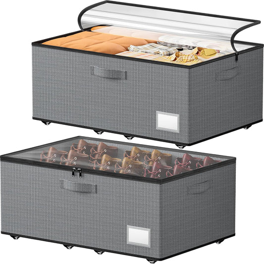 Underbed Storage with Wheels, 2 Pack Under Bed Storage Containers with Clear Lids, No Assembly