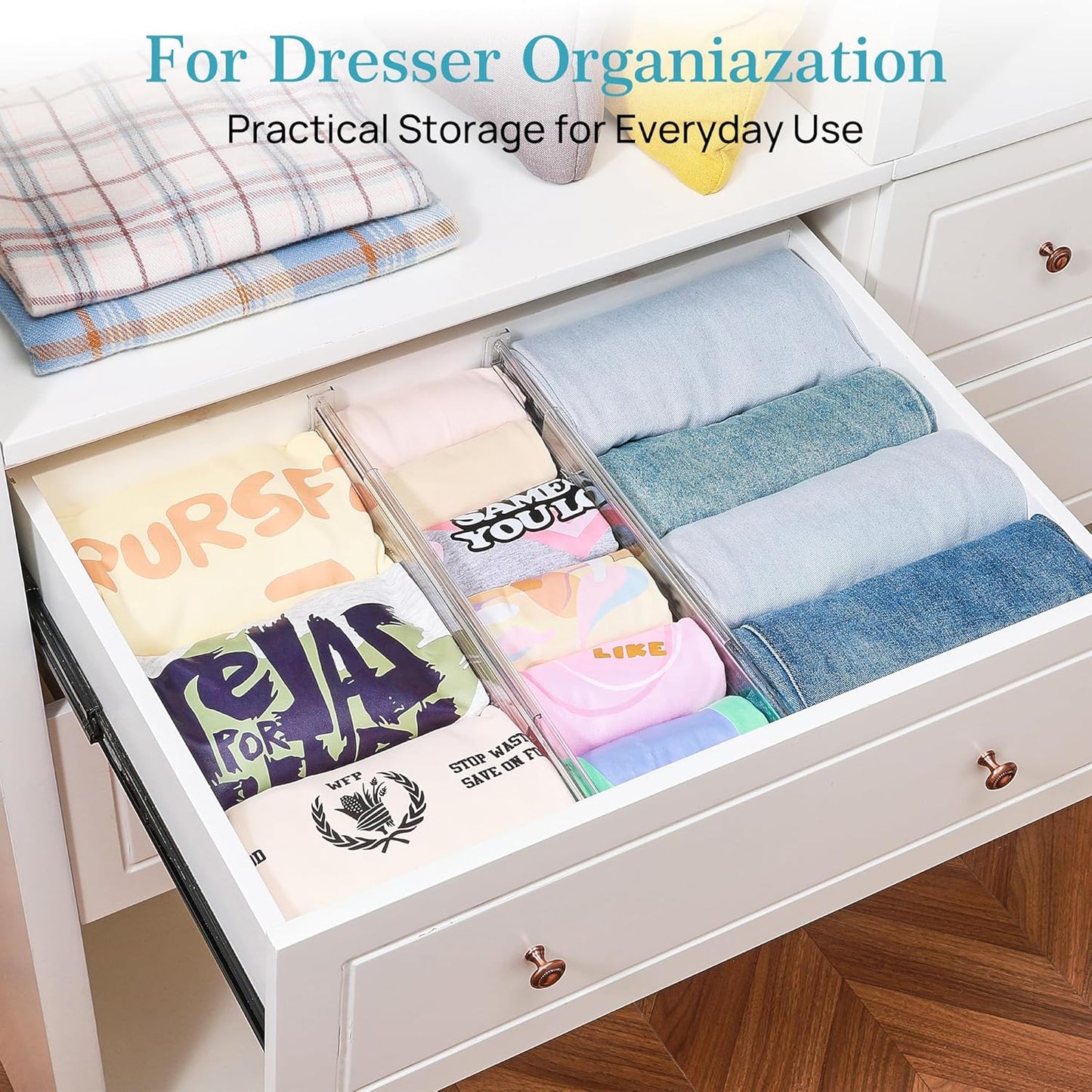 Vtopmart 8 Pack 4" Regular Upgrade Drawer Dividers for Clothes, 12.8"-22.3" Expandable Dresser Drawer Organizer, Clear Plastic Separators for Dresser, Baby Clothing, Underwear, Cosmetic, Toiletries