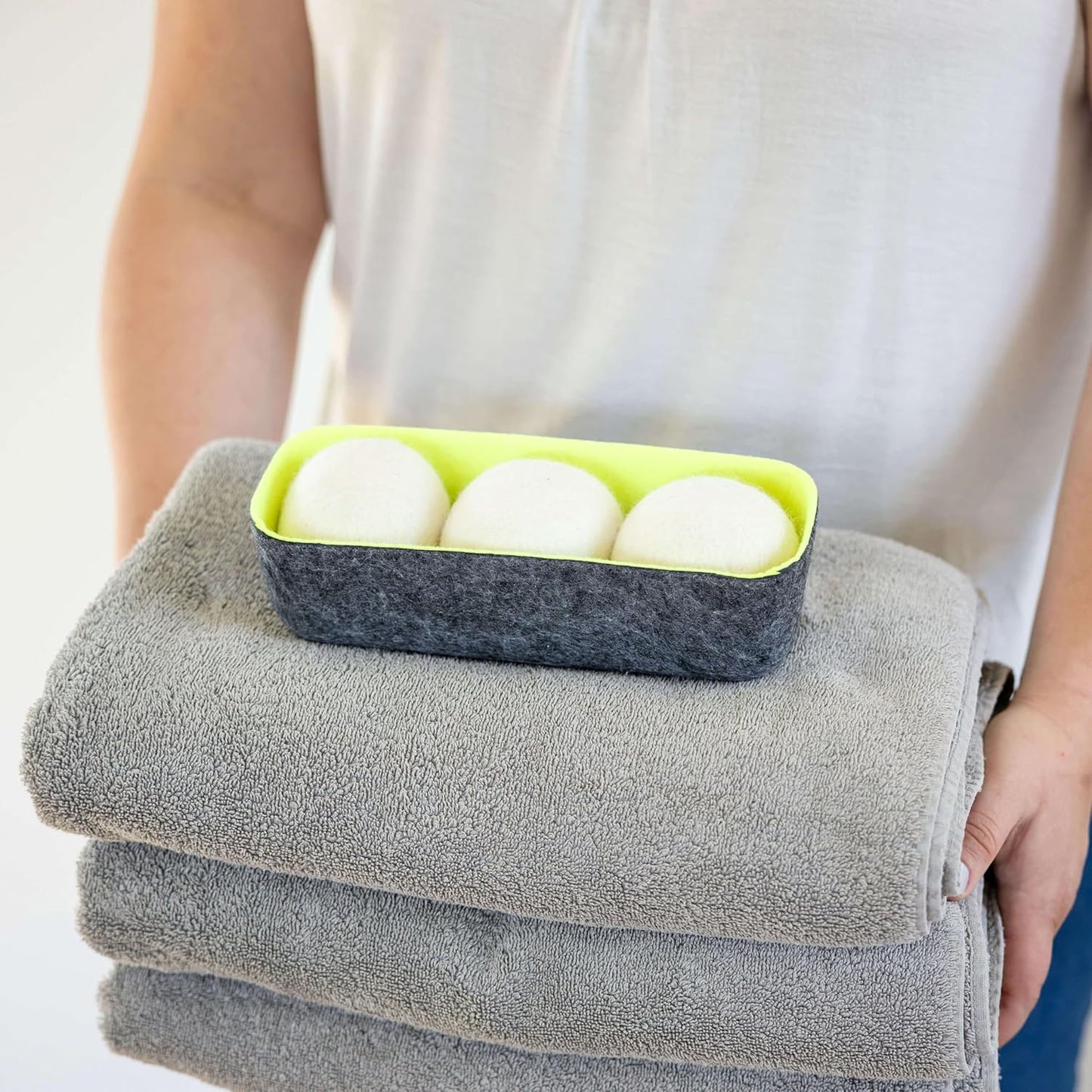 Three by Three Seattle Felt·Like·it!™ XL Wool Dryer Balls + Storage Bin: Reduce Drying Time, Static Cling, and Energy Use | Natural Alternative to Fabric Softeners | (Pack of 3 White Dryer Balls)
