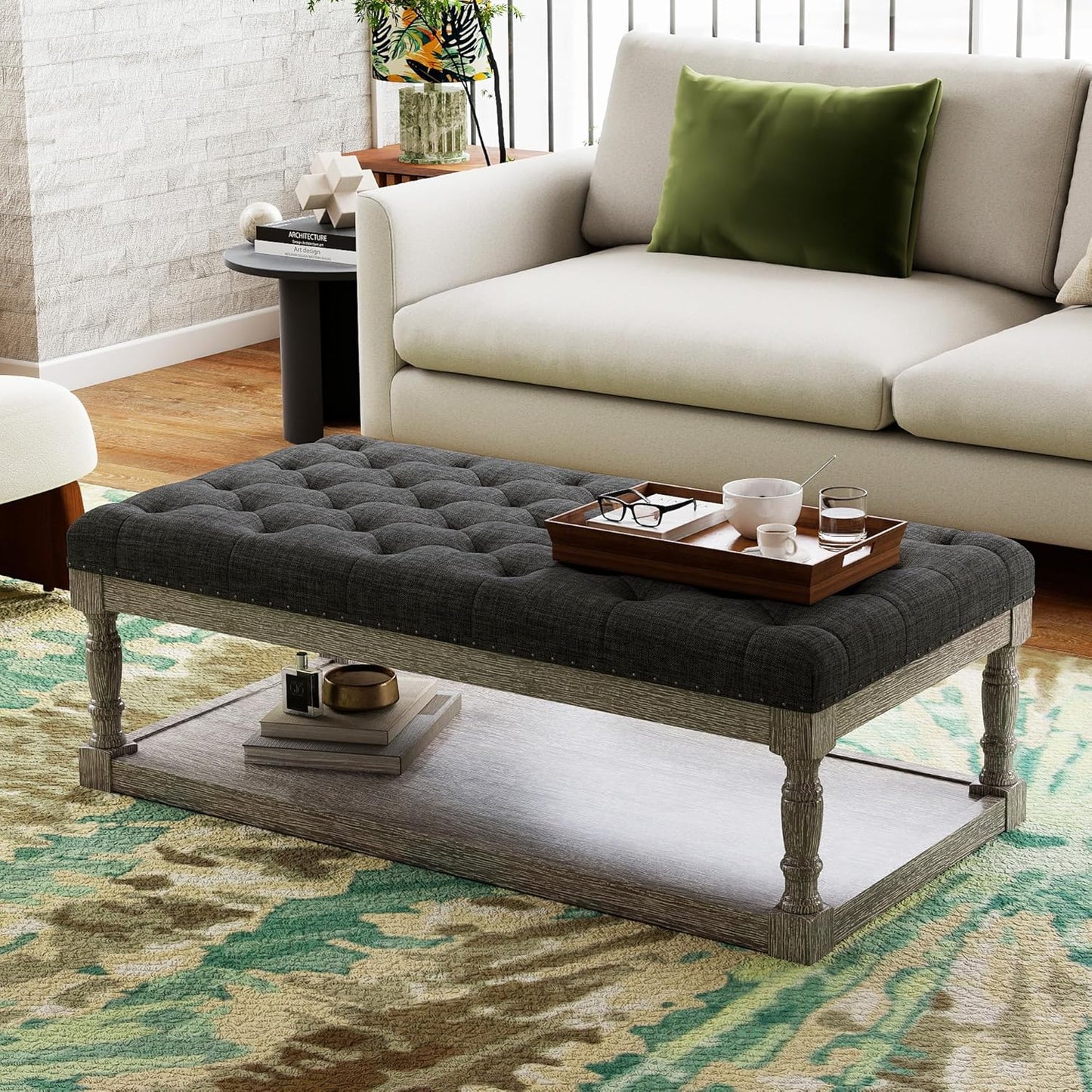 48" Large Ottoman with Storage Coffee Table, Upholstered Tufted Linen Ottoman Bench with Solid Wood Shelf for Living Room, Bedroom, Holds 250lbs (Dark Gray)