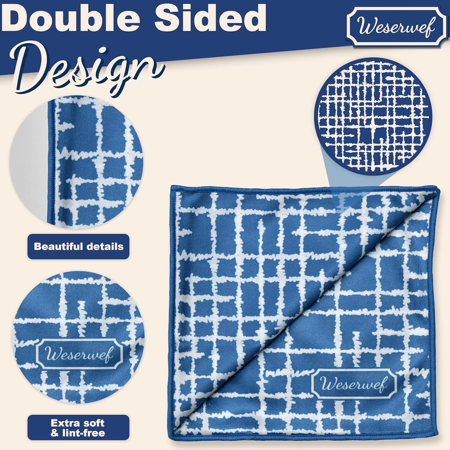 WESERWEF Design Microfiber Glasses Cleaning Cloth – Premium Cleaning Cloth for Eyeglasses, Screens, Tablets, Cameras & Lenses, 12" x 12", Ultra-Soft & Scratch-Free (Blue)