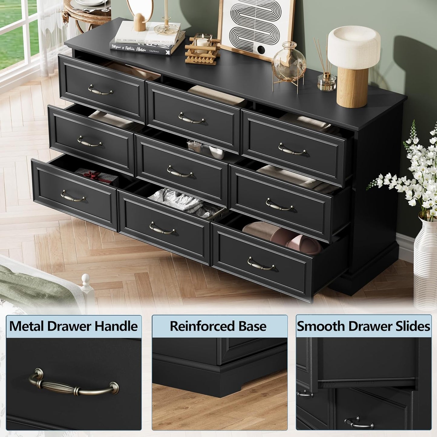 9 Drawer Dresser for Bedroom, 63" Wide Wooden Chest of Drawers, Rustic Farmhouse Dresser with Large Drawers & Metal Handles, Modern Storage Organizer for Closet, Living Room, Hallway, Black