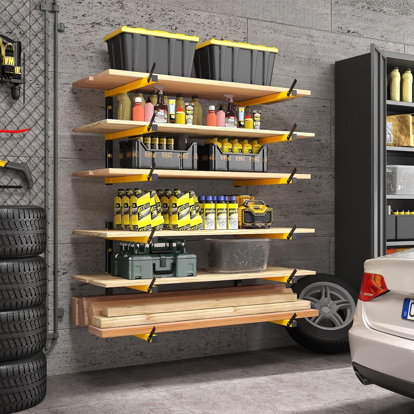 GREENER Lumber Storage Rack Folding Wood Storage Racks Wall-Mounted Metal Racks for Storage with 3-Level Heavy Duty Garage Wood Organizer for Woodworking Shop Indoor & Outdoor Use, 4 pairs,Yellow