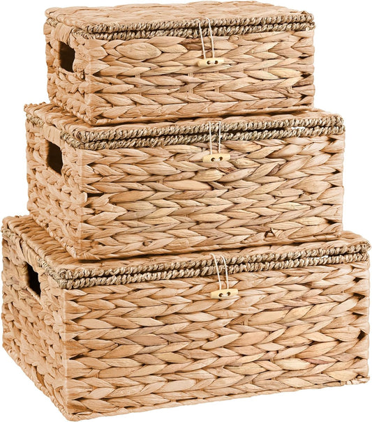 Wicker Storage Baskets with Lids and Handles, Hand Woven Rattan Storage Bins Box, Set 3 Natural Water Hyacinth Decorative Large Small Basket Container for Shelves, Bathroom Organizing