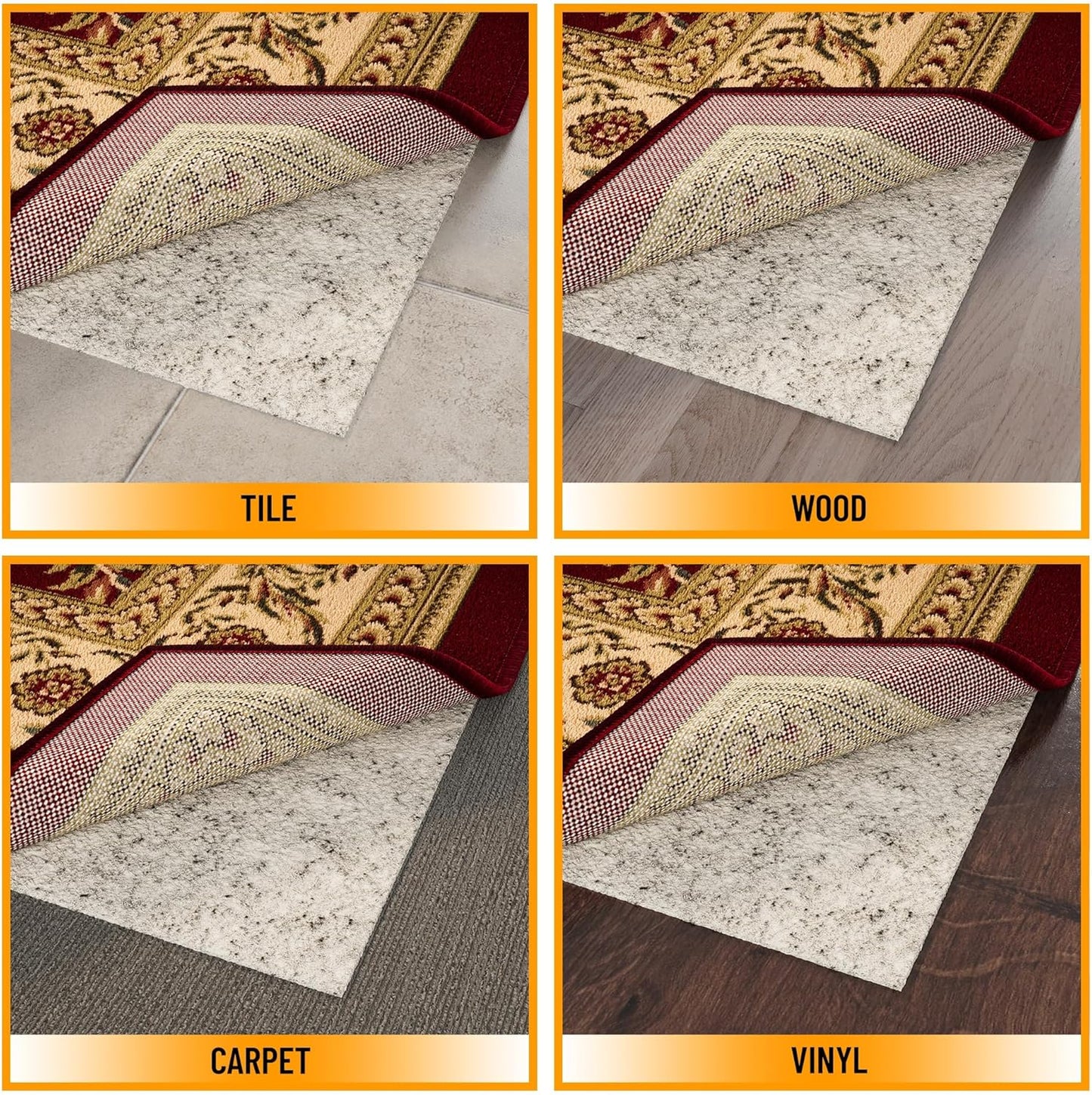 Ottomanson 7'8" x 10' Non-Slip Rug Pad Gripper 1/12 Inch Ultra Thin Dual Surface Felt + Rubber Gripper - Safe for All Floors, Cream