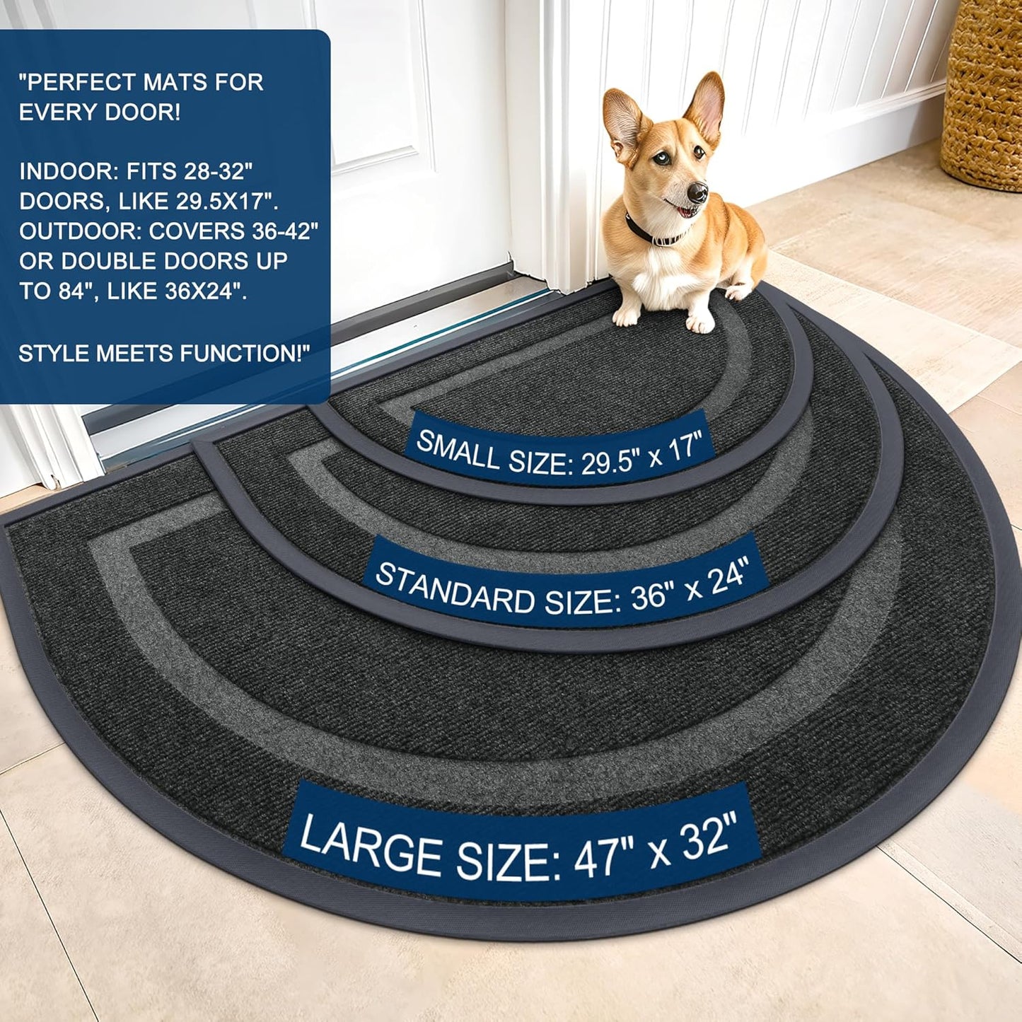 OLANLY Half Circle Door Mat Indoor Outdoor Entrance Welcome, Waterproof All-Season, All-Weather Doormat, Sturdy Natural Rubber, Low Profile, Easy Clean Patio Porch Entryway Mat, 29.5x17, Black