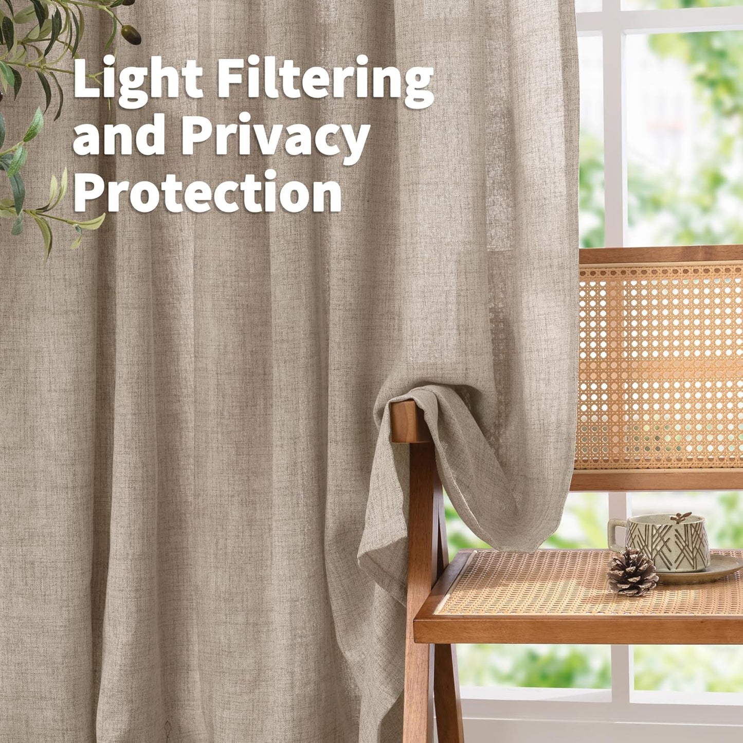 YoungsTex Short Linen Curtains 40 Inch Length for Cafe Window, Small Drapes Light Filtering with Back Tab for Bathroom Kitchen Window, 2 Panels, 40 X 40 Inch